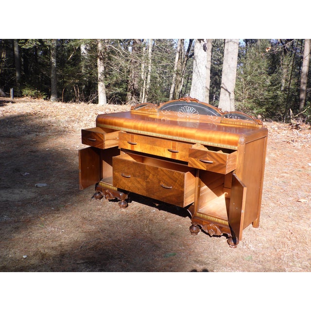 Vintage Walnut Art Deco Waterfall Buffet Server Sideboard Credenza