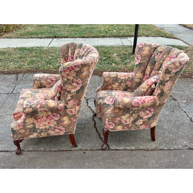 Wood Mid 20th Century French Style Channel Back Upholstered Wing Chairs - A Pair For Sale - Image 7 of 12