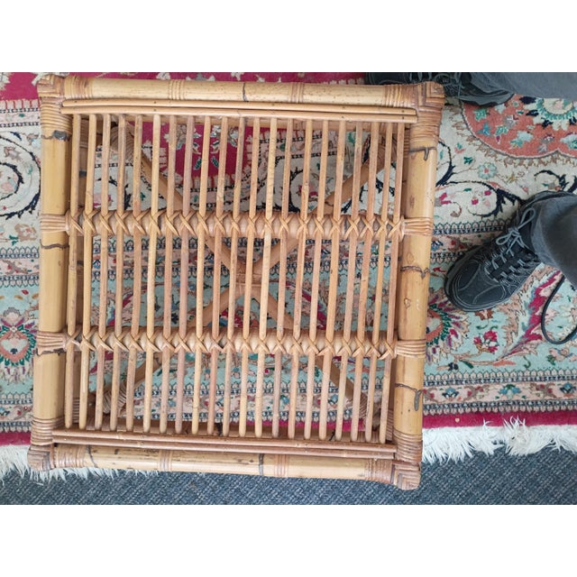 Gold 1950s Chippendale Rattan Wing Chair and Ottoman For Sale - Image 8 of 13