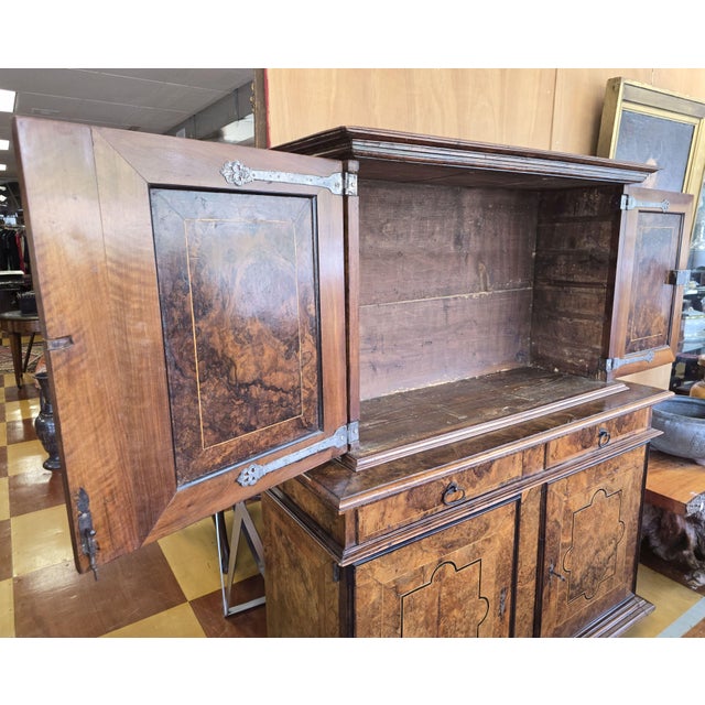 Rustic European 17th Century Burl Walnut Veneer Cabinet Flemish German Low Country For Sale - Image 3 of 17