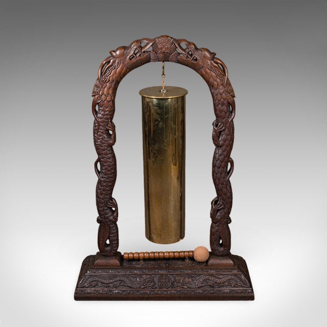 Art Deco Large Vintage Alarm Gong, Oriental, Hardwood Chime Stand, Brass, Art Deco, 1930 For Sale - Image 3 of 12