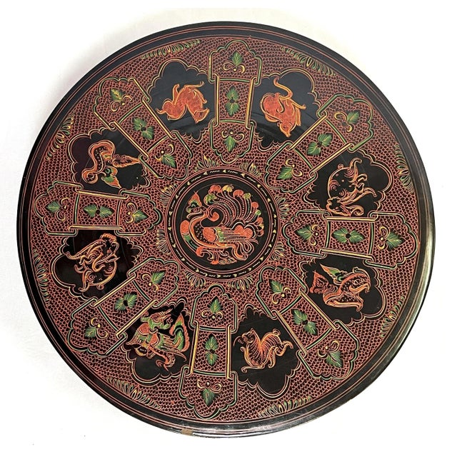 Vintage Chinese Zodiac Black Lacquered Box With Seven Compartments For Sale - Image 4 of 12