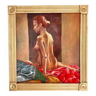 Vintage 1960s Figural Nude Boudoir Oil Painting in Gold Frame For Sale