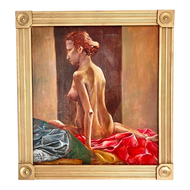 Vintage 1960s Figural Nude Boudoir Oil Painting in Gold Frame For Sale