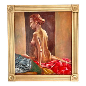 Vintage 1960s Figural Nude Boudoir Oil Painting in Gold Frame