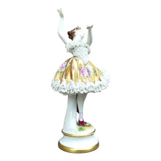 Antique Porcelain Lace Ballerina Figurine with Gilt Floral Tutu from Rudolstadt-Volkstedt, 1920s For Sale