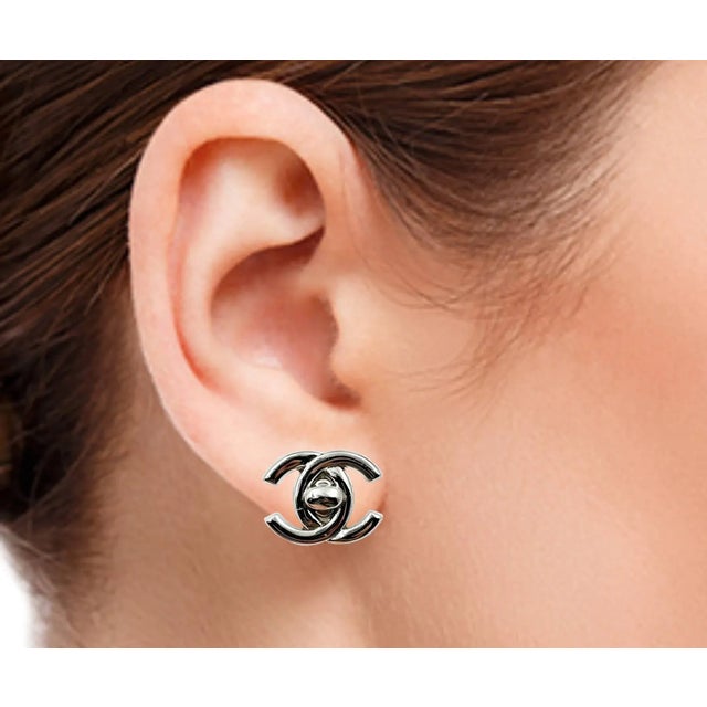 Contemporary Chanel Vintage Silver CC Turnlock Clip on Earrings - 2 Pieces For Sale - Image 3 of 4