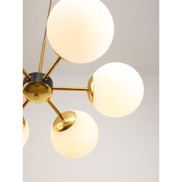 Vintage Italian Six-Arm Sputnik Chandelier with Opaline Shades For Sale - Image 9 of 18