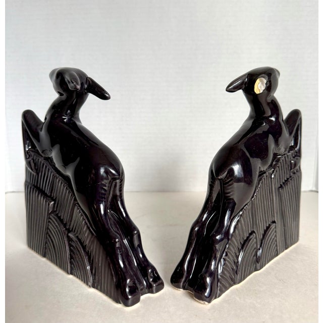 MCM Art Deco Black Glazed Ceramic Deer Bookends For Sale - Image 9 of 12