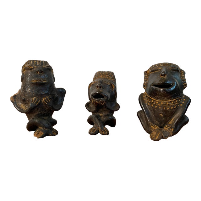 3 Brutalist Clay Figures South American Mexican Pre Columbian Style Black Ware Musical Vintage / Antique For Sale