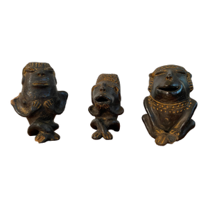 3 Brutalist Clay Figures South American Mexican Pre Columbian Style Black Ware Musical Vintage / Antique