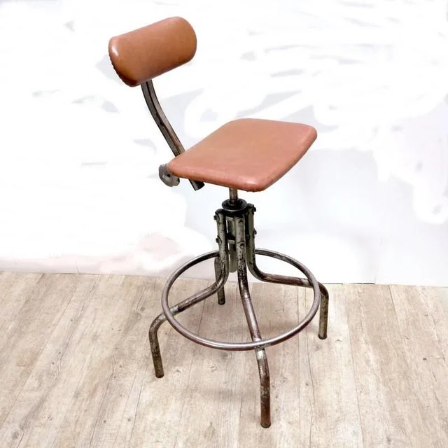 Industrial Rotatable Steel and Leather Office Chair For Sale - Image 9 of 9