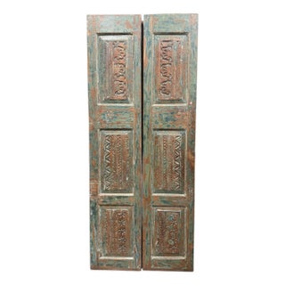 Antique Rustic Hand-Carved Floral Double Doors – Rustic Wood French Doors 80x32 For Sale
