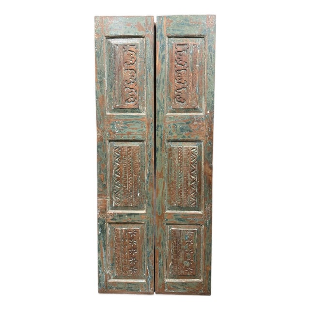 Antique Rustic Hand-Carved Floral Double Doors – Rustic Wood French Doors 80x32 For Sale