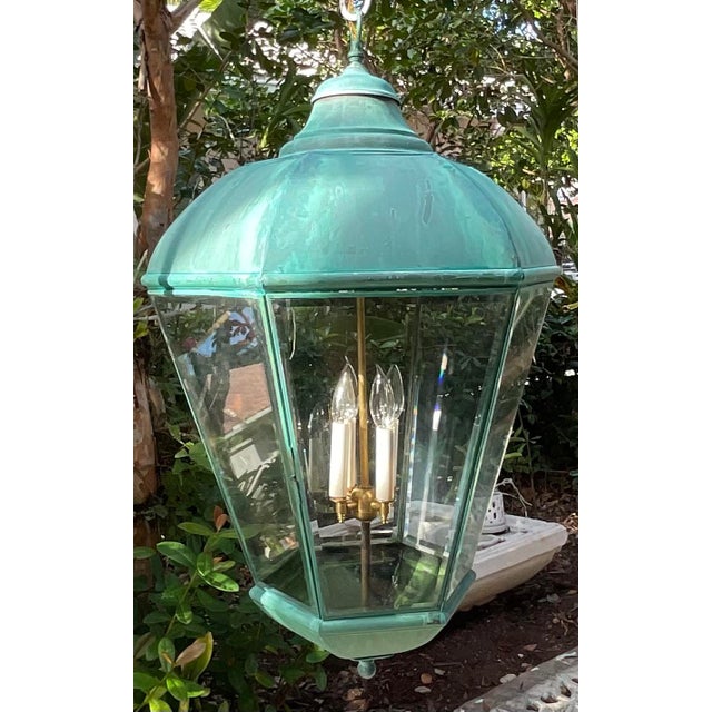 Large Vintage Solid Brass Hanging Lantern Chandelier / 34” H X 21” W For Sale - Image 16 of 18
