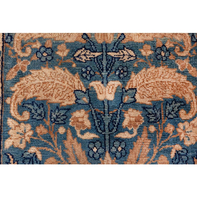 Camel and Pastel Blue Antique Persian Kirman Rug For Sale In New York - Image 6 of 11