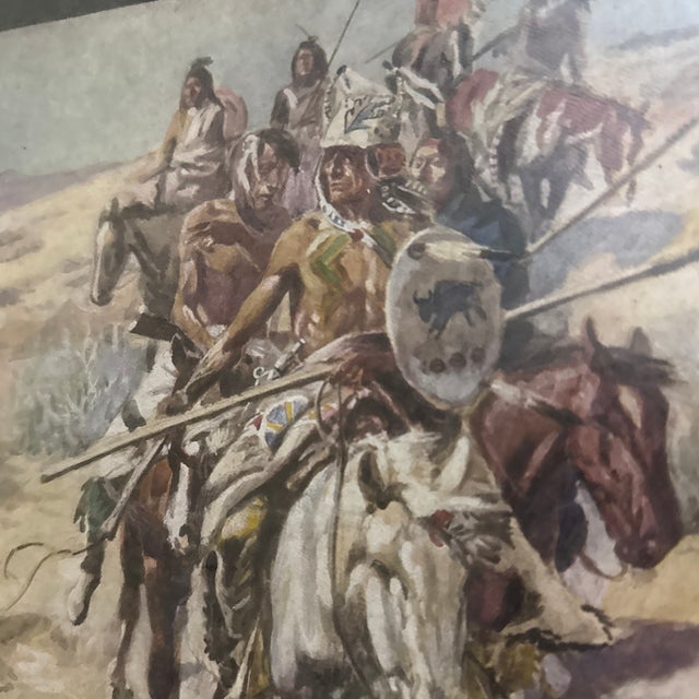 1960s Vintage Framed Western Narrative Print - Plains Indians Warriors on Horseback For Sale - Image 5 of 9