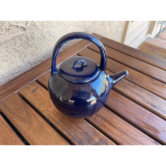 Japanese Vintage Blue Glazed Ceramic Stoneware Top Handle Teapot For Sale - Image 3 of 8