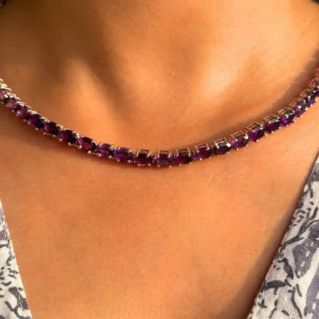 Modern Sterling Silver Amethyst Tennis Necklace, 7×5 Mm Prong-Set Stones- Carat&Her For Sale - Image 4 of 9