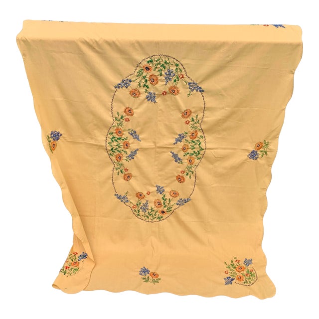Vintage Handcrafted Hungarian Embroidered Mustard Autumnal Tablecloth 49” X 68” For Sale