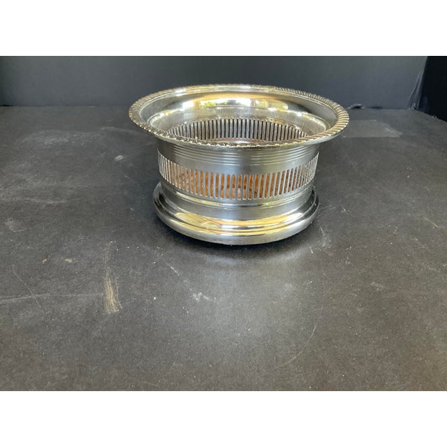 Vintage Reticulated Silver Plate Wood Wine Bottle Coaster For Sale - Image 4 of 8