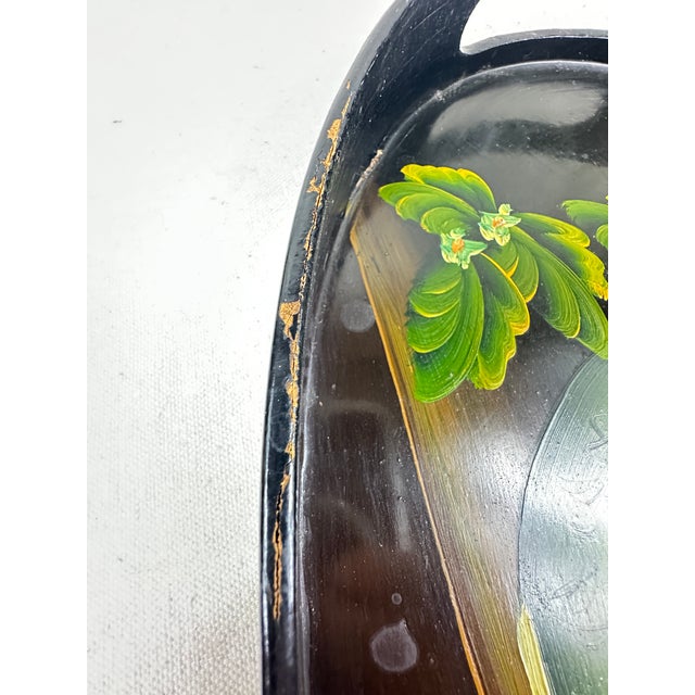 Vintage Hand-Painted Black Lacquer Oval Tole Serving Tray With Citrus Fruit For Sale - Image 9 of 11