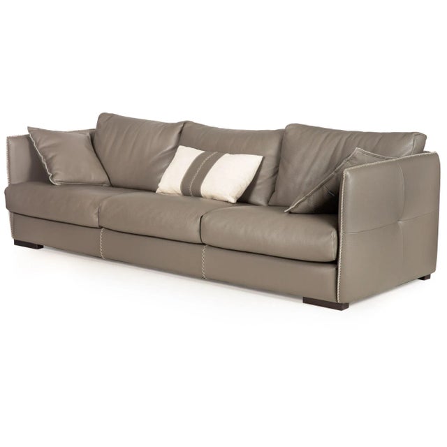 GAMMA "ALFRED" MODEL D3M STITCHED GRAY-LEATHER THREE-SEATER SOFA Made by Gamma Arredamenti International, ca. 21st century...