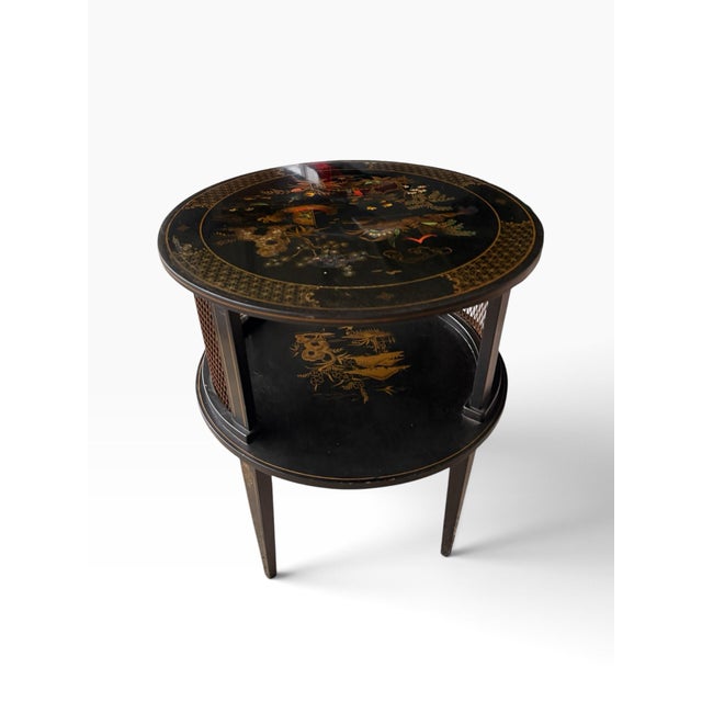 Vintage Chinoiserie Black Lacquer Round Two-Tier Side Table With Glass Top For Sale - Image 10 of 10