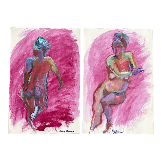 1970’s Abstract Expressionist Female Nude Vibrant Paintings on Paper Signed-Set of 2 For Sale