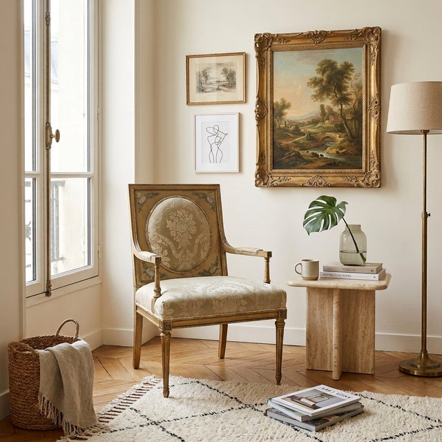 Early 20th century French Louis XVI–style armchair with a carved wood frame and fluted legs. The frame features hand-...