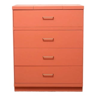 Vintage Postmodern Burnt Orange Four-Drawer Highboy Dresser With Brass Hardware For Sale