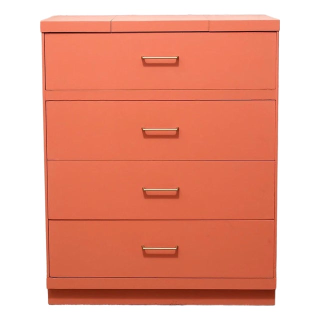 Vintage Postmodern Burnt Orange Four-Drawer Highboy Dresser With Brass Hardware For Sale