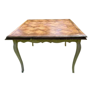 French Provincial Style Distressed Painted Fruitwood Top Draw Leaf Extension Dining Table With Basket Weave Inlay Top.