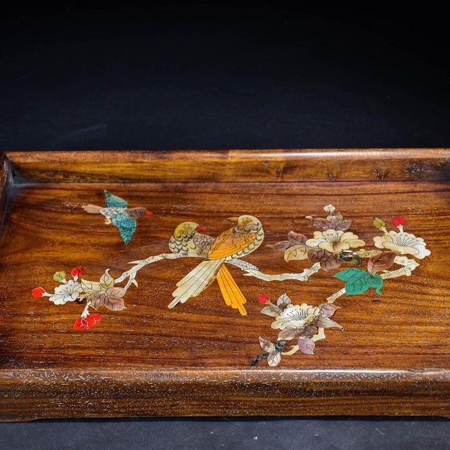 Chinese Vintage Huanghuali Wood Tray With Mother-of-Pearl Bird & Flower Inlay For Sale - Image 3 of 9