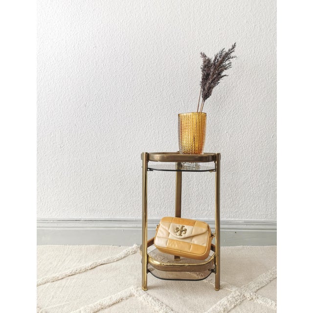 Metal Vintage Hollywood Regency Side Table in Gold and Smoked Glass, 1970s For Sale - Image 7 of 8