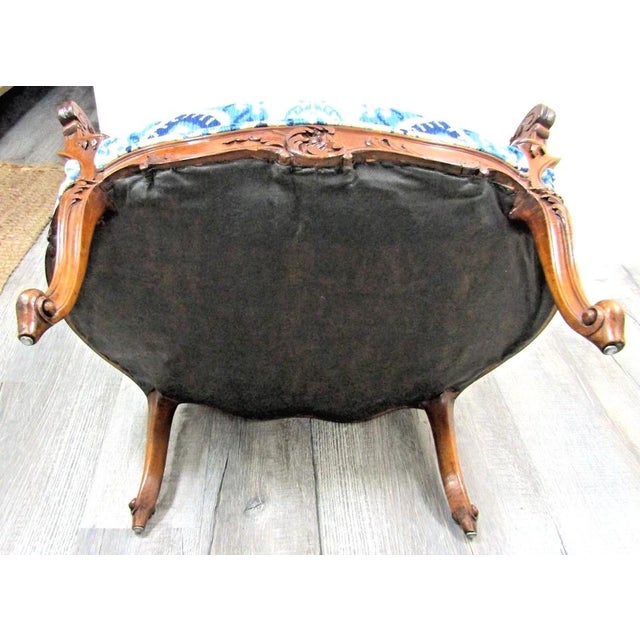 Antique French Louis XV Carved Walnut French Bergère Armchair Ikat 18th Century For Sale - Image 18 of 18