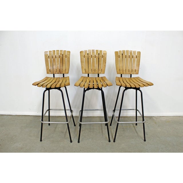 Set of 3 Mid-Century Danish Modern Arthur Umanoff Style Swivel Slat Bar Stools For Sale - Image 13 of 13