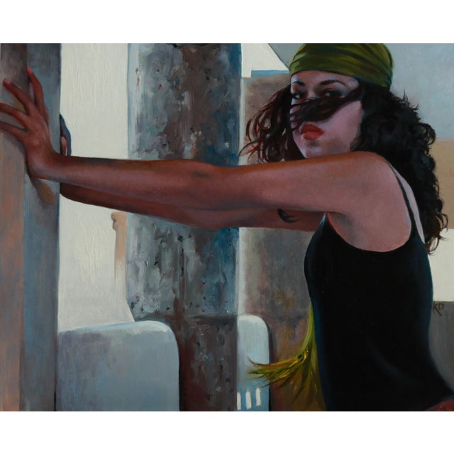 Push by Kimberly Dow | Oil on ABS panel Portrait of a woman with a green headscarf. For Sale