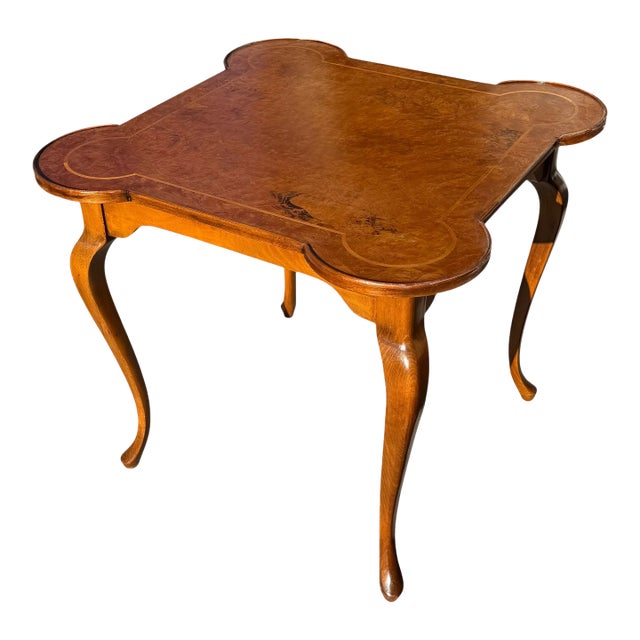 Queen Anne Style Burton-Ching Burl Wood Game Table W Shagreen Leather Top For Sale