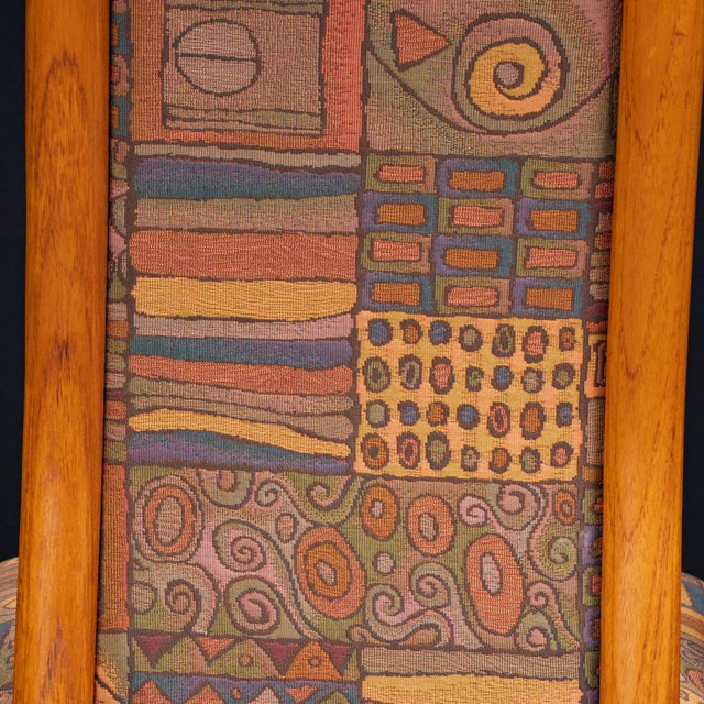 Pair Vintage Danish Teak Side Accent Chairs – Schou Andersen Denmark – Funky 80s Upholstery For Sale - Image 12 of 12