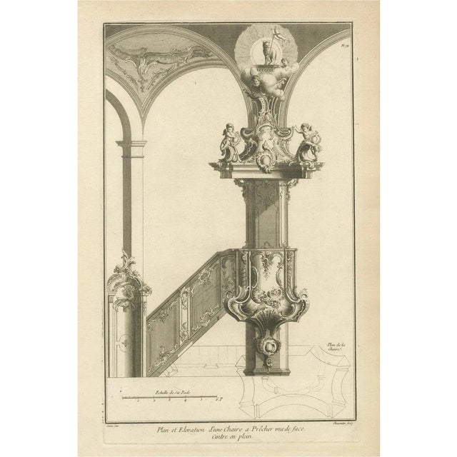 Baroque Pulpit Elevation with Ornate Archway and Balustrade, 1740, Engraving on Paper For Sale