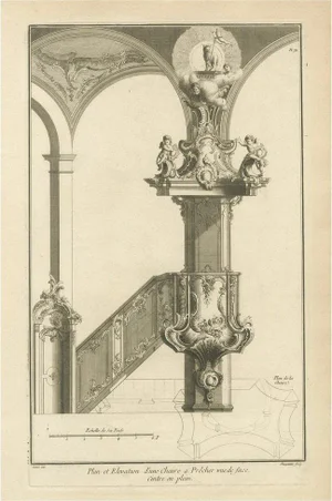 Baroque Pulpit Elevation with Ornate Archway and Balustrade, 1740, Engraving on Paper