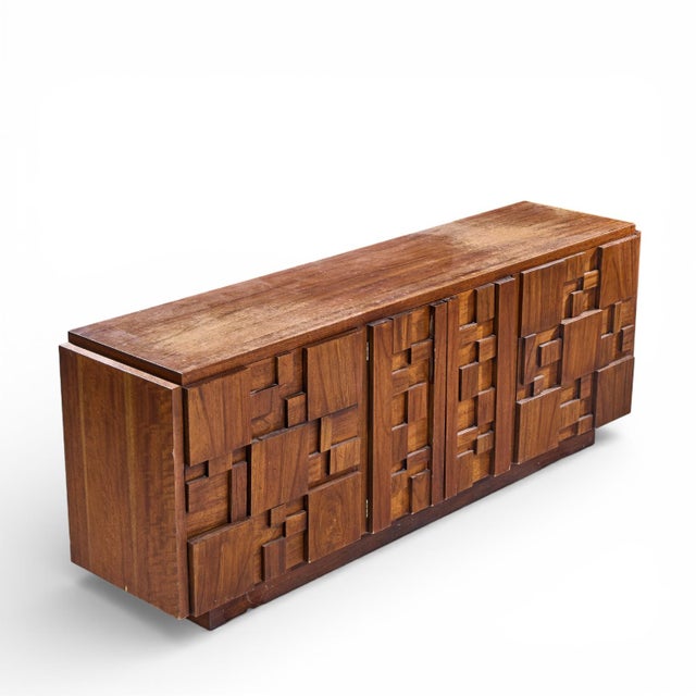 Lane Staccato Brutalist Mid Century Walnut Lowboy Dresser For Sale - Image 9 of 10