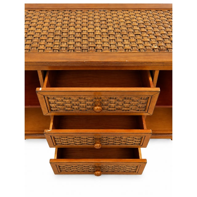 English 1980s Vintage Woven Rattan and Wood Credenza Sideboard For Sale - Image 3 of 11