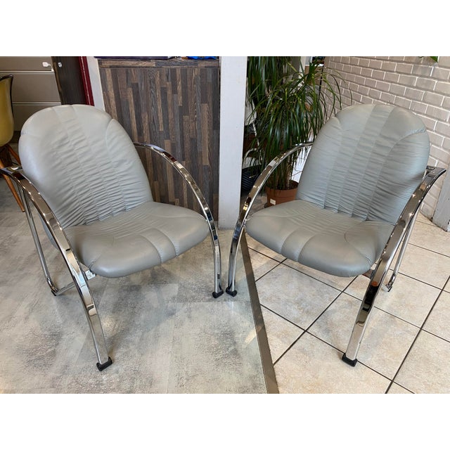 Souvignet Folding Armchairs in Grey Chrome Leather, 1980, Set of 2 For Sale - Image 4 of 18