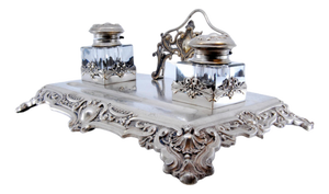Silver and Glass Inkwell with Reliefs and Cartouches and Letter Holder