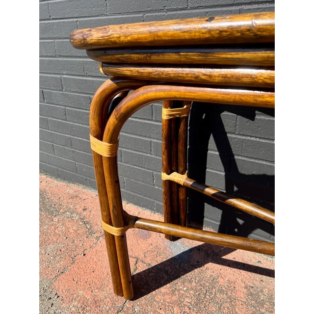 Hollywood Regency Mid 20th Century Ming Style Rattan Bamboo Console and Side Glass Top Table Palm Beach Hollywood Regency - Set of 2 For Sale - Image 3 of 7