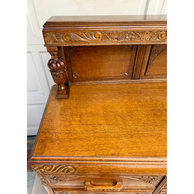 Wood 1920s Art Deco Carved Oak Sideboard Cabinet With Removable Gallery Top For Sale - Image 7 of 18
