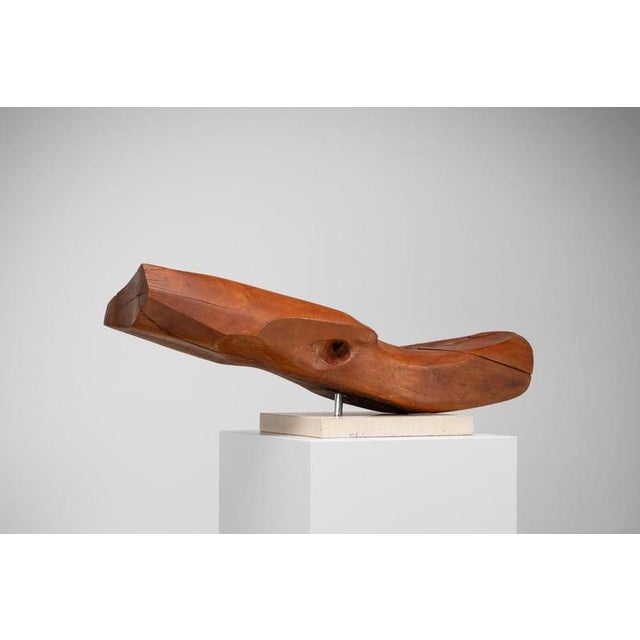 Wood Organic Abstract Iroko Sculpture on Travertine Base, 1960s For Sale - Image 7 of 18