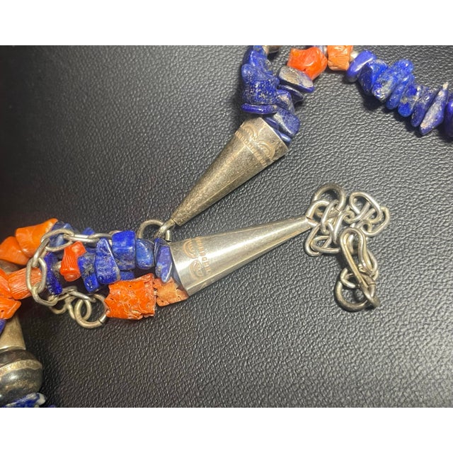 Metal Vintage Navajo Native American Style, Lapis and Coral Shell Necklace, Sterling Silver Hollowed Body ‘Navajo Pearls’ and Silver Feathered Accents. For Sale - Image 7 of 7
